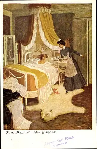 Künstler Ak von Reznicek, Ferdinand, Das Frühstück, unbekleidete Frau im Bett, Dienstmädchen
