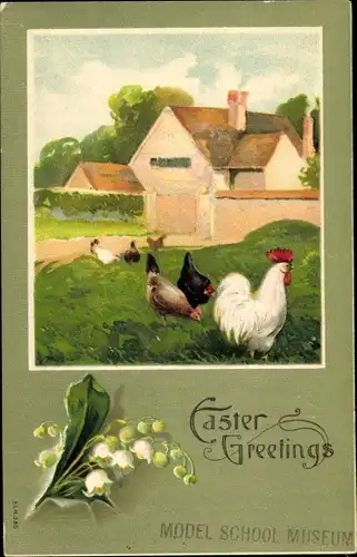 Präge Ak Glückwunsch Ostern, Hühner und Hahn auf Wiese, Glockenblumen