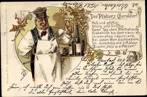 Künstler Litho Winzer mit Weinglas, Weinflasche, Weinreben, Gedicht Des Pfälzer's Charakter