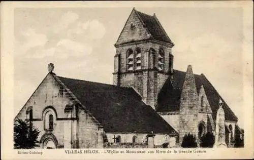 Ak Villers Helon Aisne, Eglise et Monument aux Morts de la Grande Guerre