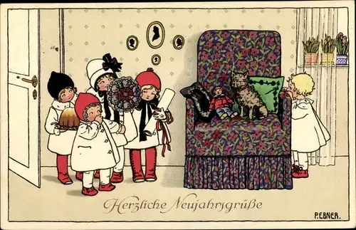 Künstler Ak Ebner, Pauli, Glückwunsch Neujahr, Kinder, Blumen, Kuchen, Hund auf Sessel