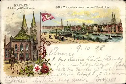 Litho Hansestadt Bremen, Rathaus, Domstürme, neuer große Weserbrücke, Gesamtansicht, Wappen