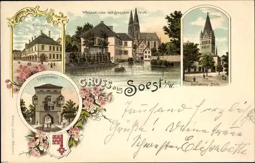 Wappen Litho Soest in Nordrhein Westfalen, Patroklus Dom, Wiesenkirche mit großem Teich, Zieher