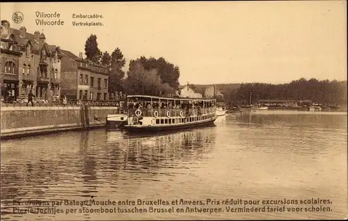 Ak Vilvorde Flämisch Brabant, Embarcadère, Anlegestelle, Flusspartie mit Blick auf den Ort