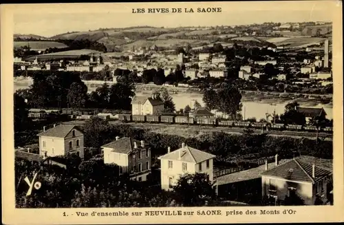 Ak Neuville sur Saône Rhône, vue générale, de la ville, Monts d'Or, voie ferrée