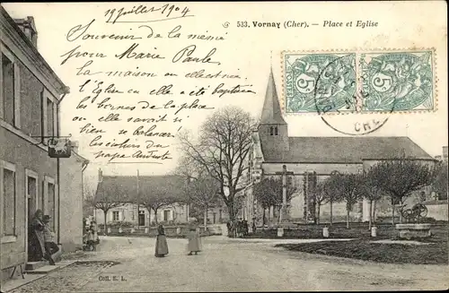 Ak Vornay Cher, Place et Eglise