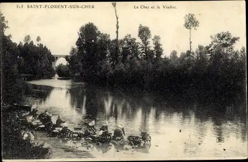 Ak Saint Florent sur Cher, Le Cher et le Viaduc, Wäscherinnen