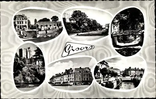 Ak Gisors Eure, Poste, Hotel de Ville, Jardin public, chateau fort, Pont, Canal, tour du donjon