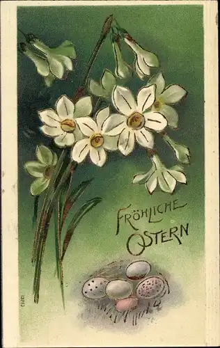 Präge Litho Glückwunsch Ostern, Ostereier, Narzissen