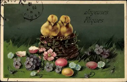 Präge Ak Glückwunsch Ostern, Küken, Ostereier, Blumen