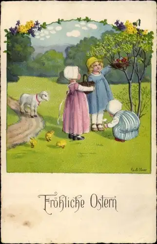 Künstler Litho Ebner, Pauli, Glückwunsch Ostern, Mädchen, Lamm, Küken, Ostereier