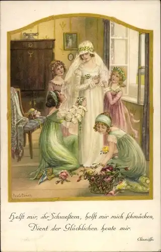 Künstler Litho Ebner, Pauli, Braut wird mit Blumen geschmückt, Hochzeitskleid