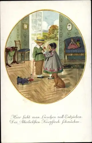 Künstler Litho Ebner, Pauli, Mädchen steckt Junge eine Blume ins Knopfloch, Puppen, Munk 1228