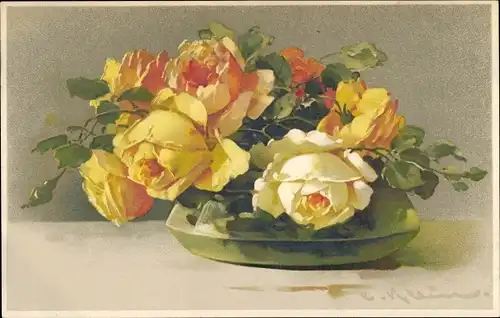 Künstler Litho Klein, Catharina, Blumenstillleben mit gelben Rosenblüten, Meissner Buch 2286