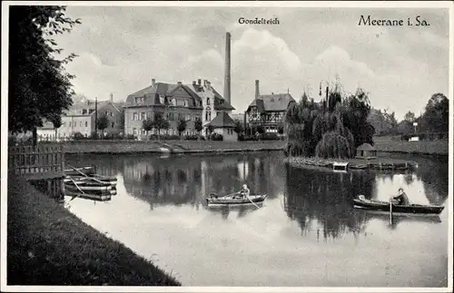 Ak Meerane in Sachsen, Ruderpartie auf dem Gondelteich, Häuser, Fabrik