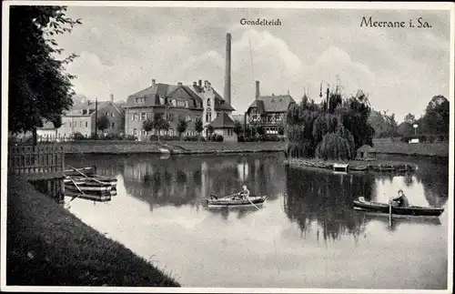 Ak Meerane in Sachsen, Ruderpartie auf dem Gondelteich, Häuser, Fabrik