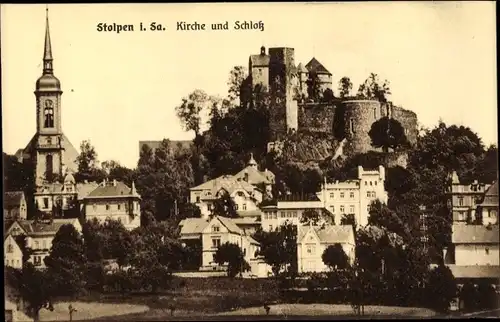 Ak Stolpen in Sachsen, Blick auf die Kirche und Schloss, Stadtansicht