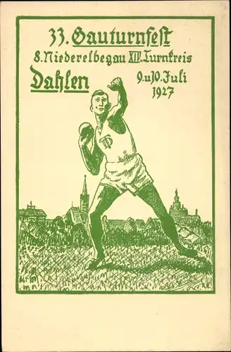 Künstler Ak Dahlen im Kreis Nordsachsen, 33. Gauturnfest 1927, 8. Niederelbegau, Kugelstoßer