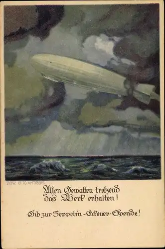 Künstler Ak Amtsberg, Otto, Zeppelin über dem Meer, Wolken, Allen Gewalten trotzend