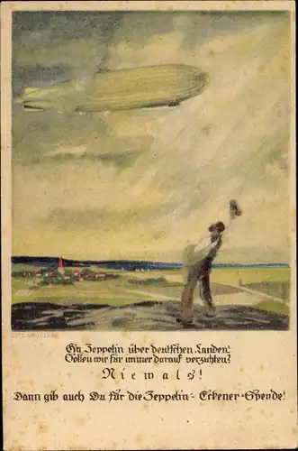 Künstler Ak Amtsberg, Otto, Ein Zeppelin über deutschen Landen, winkender Mann