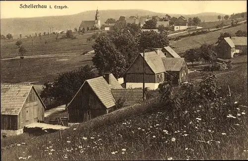 Ak Schellerhau Altenberg im Erzgebirge, Teilansicht vom Ort, Kirche