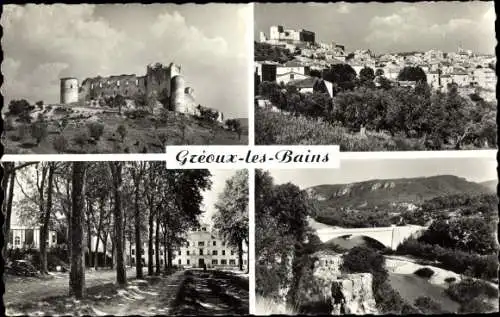 Ak Greoux les Bains Alpes de Haute Provence, Le Chateau, Le Pont, Vue Generale