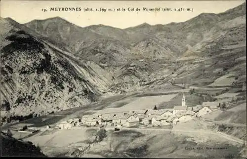 Ak Meyronnes Alpes de Haute Provence, Vue Generale, Col de Mirandol
