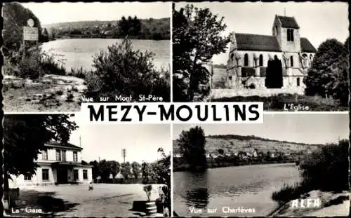 Ak Mezy Moulins Aisne, Eglise, vue sur Charteves, la Gare, Mont St. Pere