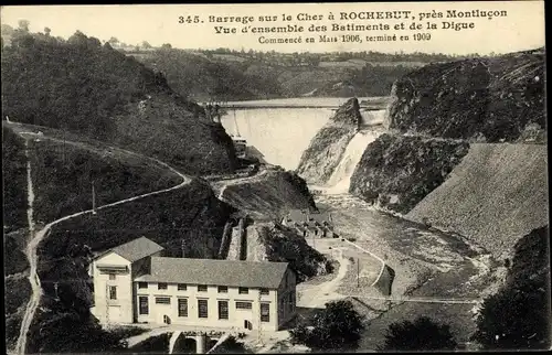 Ak Allier, Barrage sur le Cher à Rochebut,près Montlucon,Vue d'ensemble des Batiments et de la Digue