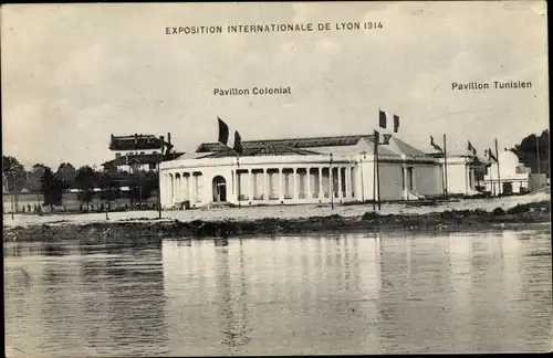 Ak Lyon Rhône, Exposition Internationale 1914, Pavillon Colonial et Tunisien, vue générale, eau