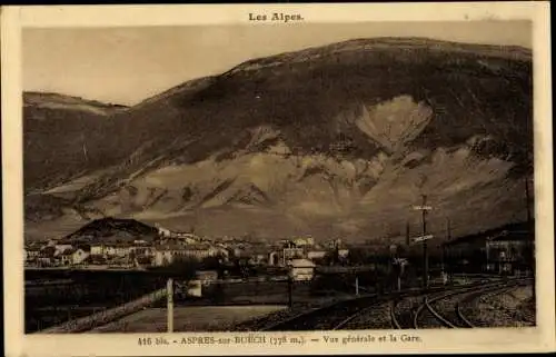Ak Aspres sur Buech Hautes Alpes, Vue générale et la Gare