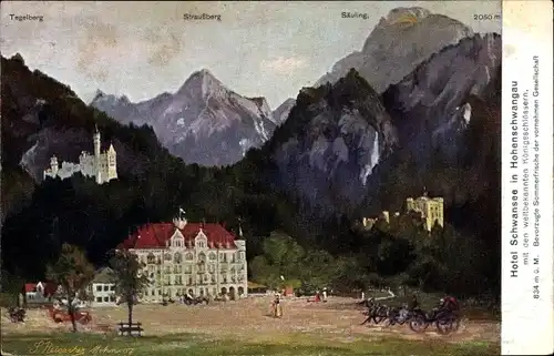 Künstler Ak Reisacher Mohn, S., Schwangau im Ostallgäu, Hotel Schwansee, Königsschlösser, Tegelberg