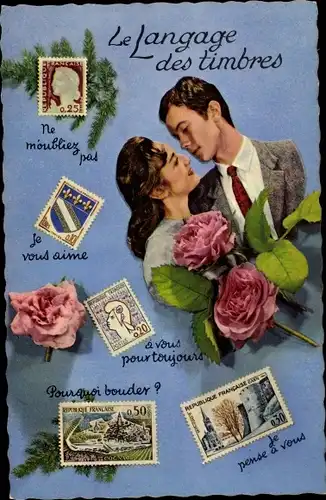 Briefmarken Ak Briemarkensprache, Rosen, Paar, Kitsch