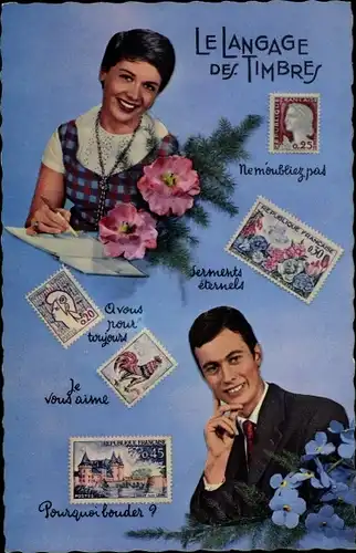 Briefmarken Ak Briemarkensprache, Blumen, Paar, Kitsch