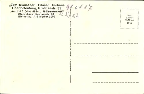 Ak Berlin Charlottenburg, Zum Klaussner, Pilsner Bierhaus, Grolmanstraße 39, Teilansicht