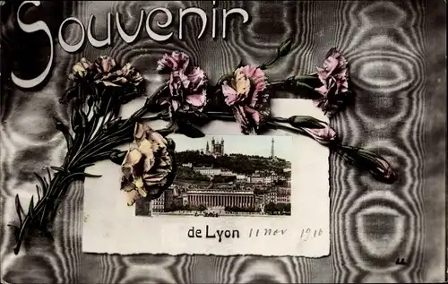 Passepartout Ak Lyon Rhône, vue partielle de la ville, Notre Dame de Fourvière, tour, fleurs