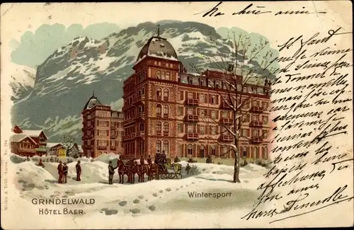 Künstler Litho Grindelwald Kt. Bern Schweiz, Hotel Baer, Kutsche, Schneelandschaft