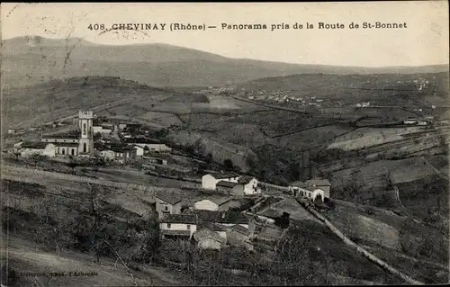 Ak Chevinay Rhône, Panorama pris de la Route de St Bonnet, villages