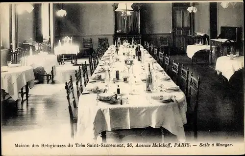 Ak Paris XVI., Salle a manger, Maison des Religieuses du Tres Saint Sacrement, Avenue Malakoff