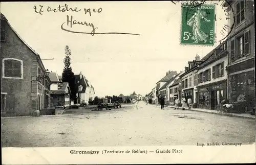 Ak Giromagny Territoire de Belfort, Grande Place, magasins