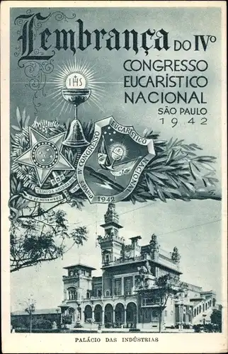 Wappen Ak São Paulo Brasilien, Lembranca do IVo Congresso Eucaristico Nacional 1942, Palacio