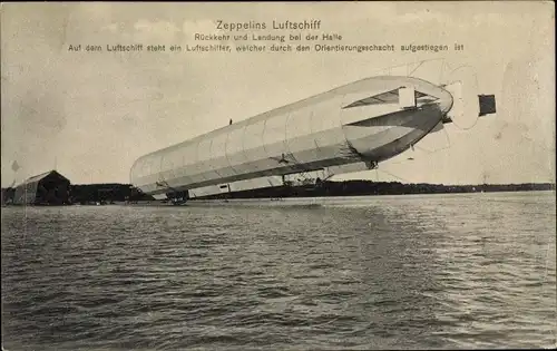 Ak Zeppelin Luftschiff, Rückkehr und Landung bei der Halle