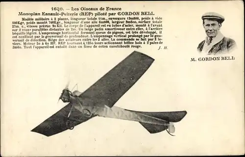 Ak Les Oiseaux de France, Monoplan Esnault Pelterie piloté par Cordon Bell, Flugpionier