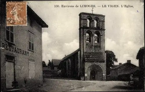 Ak Le Vigen Limoges environs, L'eglise, Kirche, Restaurant