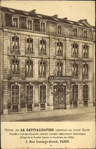 Ak Paris II. Arrondissement Bourse, Hotel de la Capitalisation, 3, Rue Louis le Grand