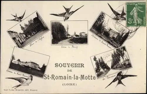 Ak St. Romain la Motte Loire, Place de l'eglise, Entree du Bourg, Chateau de Haute Maison, Baraques