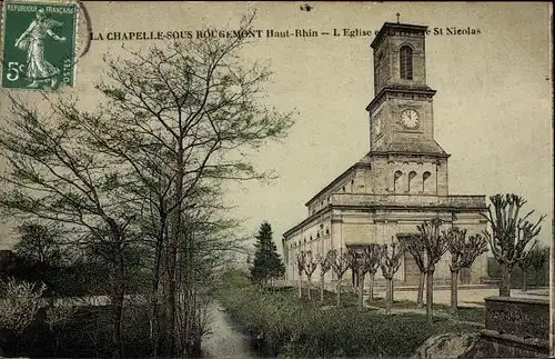 Ak La Chapelle sous Rougemont Territoire de Belfort, L'Eglise et la riviere St. Nicolas