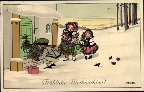 Künstler Ak Ebner, Pauli, Frohe Weihnachten, Kinder vor Haustür, Tannenbaum, Geschenke