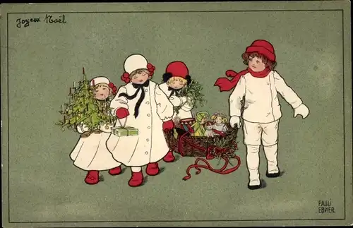 Künstler Ak Ebner, Pauli, Frohe Weihnachten, Kinder mit Geschenkkorb, Tannenbaum, Puppen