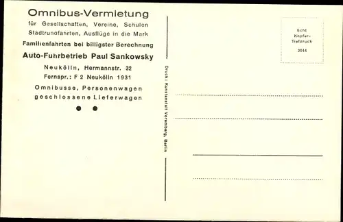 Ak Berlin Neukölln Rixdorf, Omnibus Vermietung